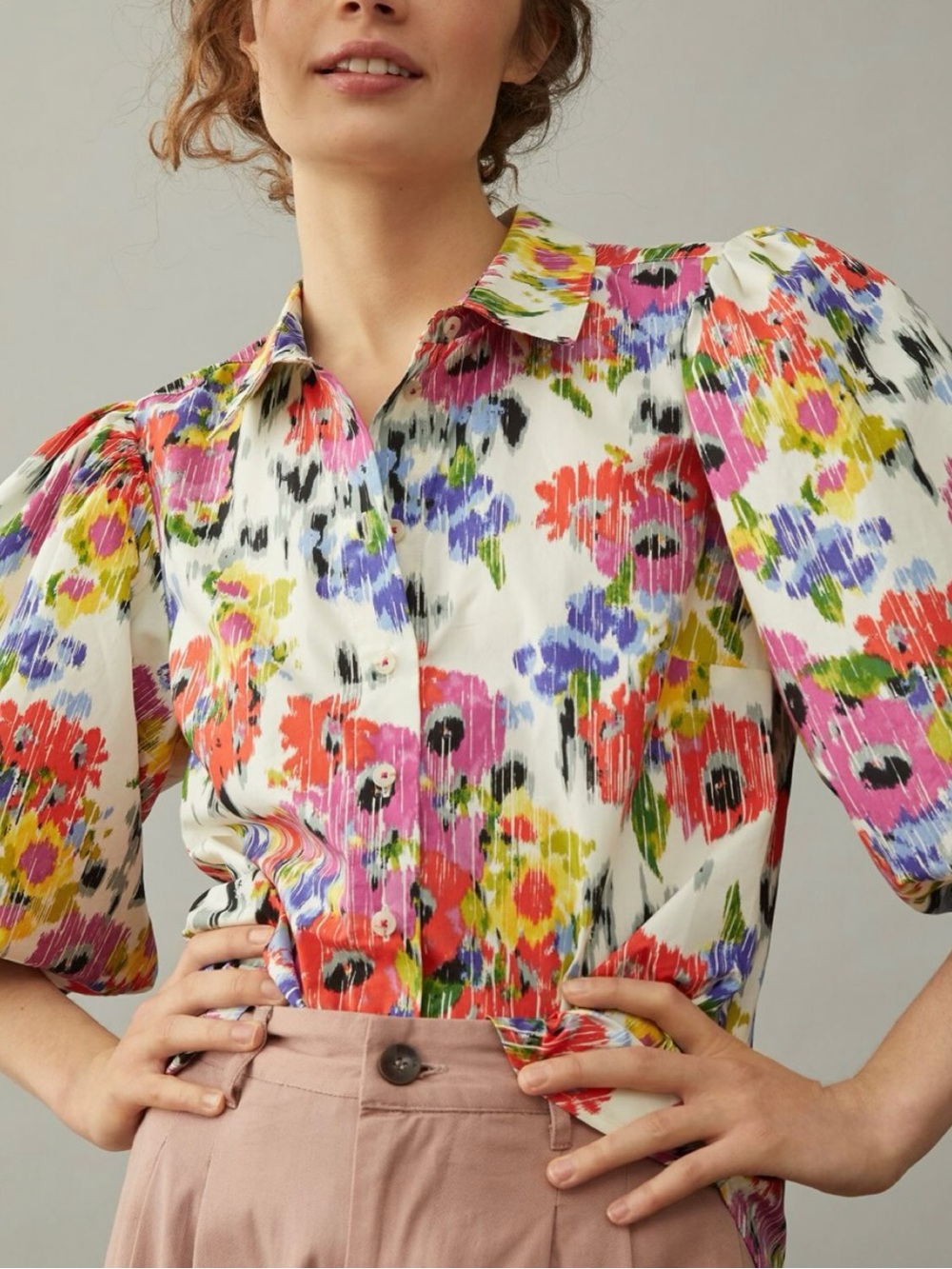 Anthropologie Maeve Balloon Sleeve Floral Button-Down Blouse